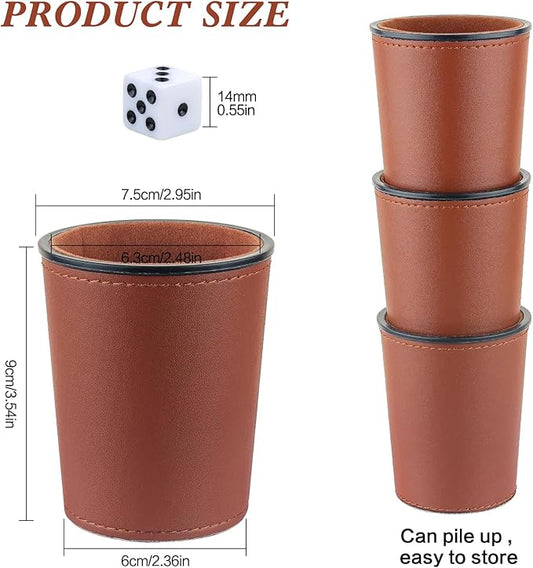 Felt-Lined PU Leather Dice Cup Set, 6 Quiet Shaker Cups With 36 Dice for Bar Party Yahtzee Farkle Games, Dark Brown