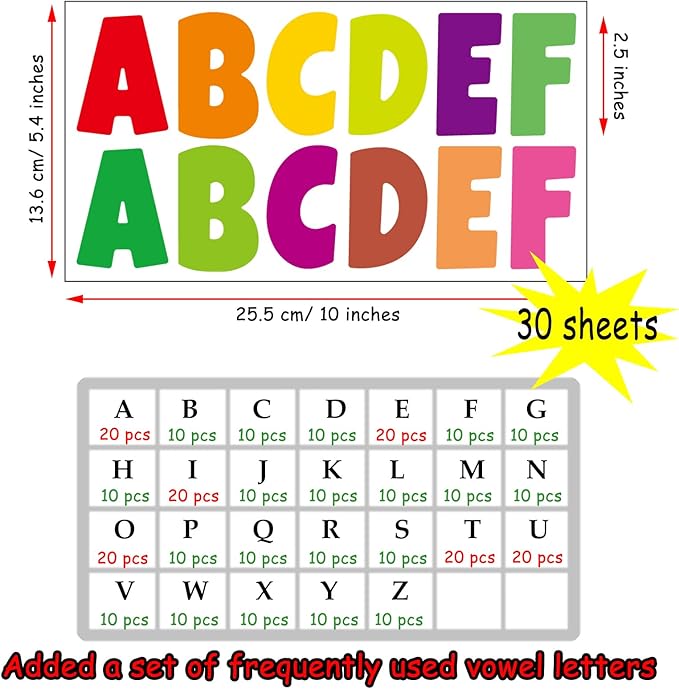 Bemeol 360 Pcs 30 Sheets Bulletin Board Letters 2.5 Inches Alphabet Stickers Self Adhesive Stick on Letters for Poster Board Classroom School Home Decor(Colorful)