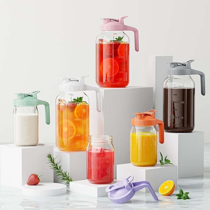 Glass Mason Jar Pitcher, 64 oz Wide Mouth Jug