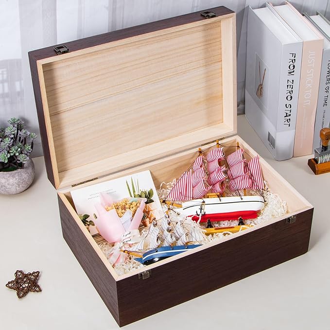 Wooden Storage Box with Hinged Lid and Front Clasp, 14''x9.4''x5.9'' Large Wood Storage Box, Wooden Boxes Wood Gift Boxes for Crafts Art Hobbies and Valentine's Day Decoration,Vintage Color