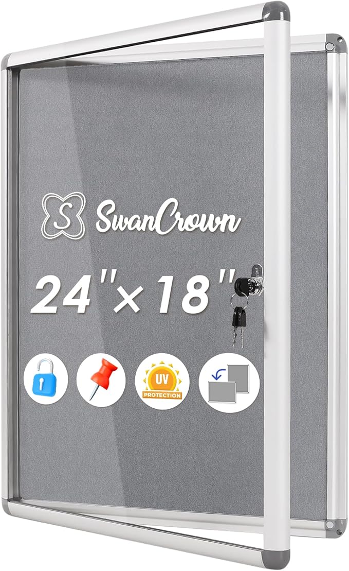 SWANCROWN Enclosed Bulletin Board 24x18 in, Tamperproof Lockable Grey Felt