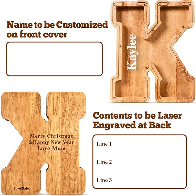Summidate Customized Name Large Wooden Piggy Bank for Kids Boys Girls Alphabets Letter A-Z Coins Bills Money Change Bank Box Initial on Clear Cover (Laser Engraved) (Alphabet-K, Personalized-9")