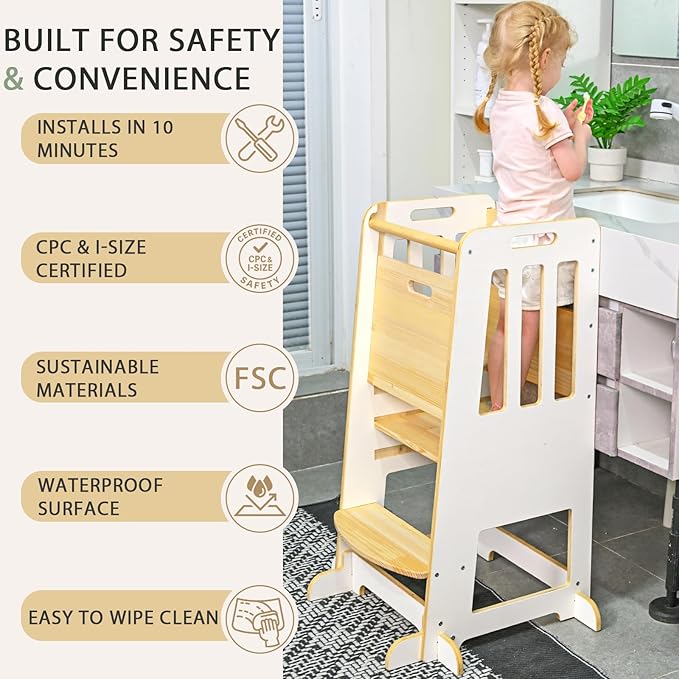 WINGYZ Toddler Kitchen Stool – Adjustable Helper Tower for Kids with Safety Rail, Wooden Standing Step-Up Stool, Sliding Door & Stable Base, White