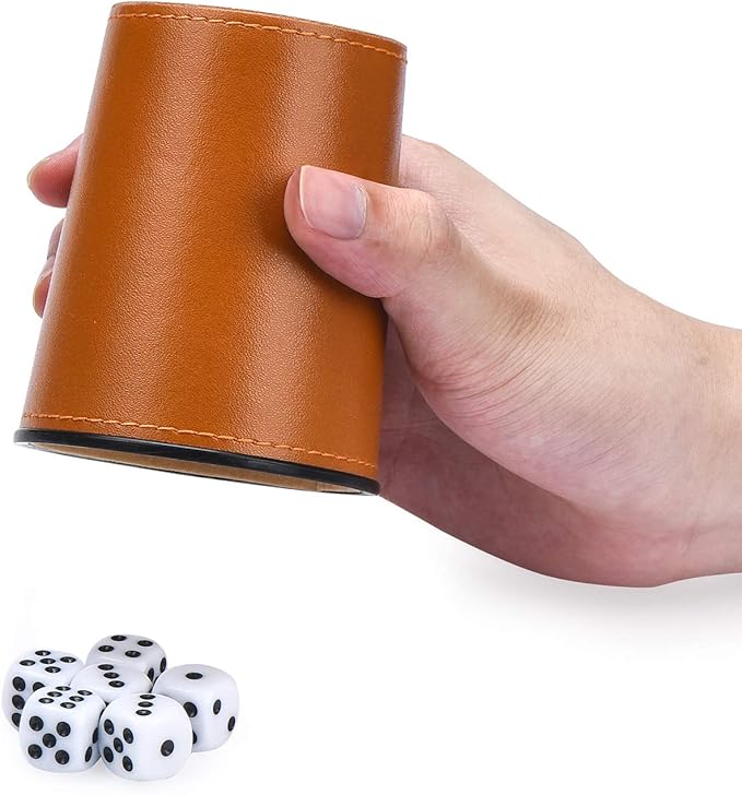 Leather Dice Cup Set, 5 Black Dice Cups + 25 Dices + Exclusive Storage and Transport Case Made of Faux Leather (Orange)