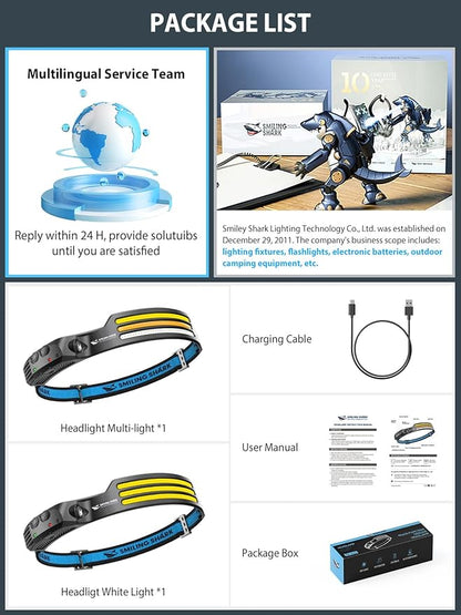 Smiling Shark LED Headlamps, 230°Wide Angle 3*Multi-Color Light Strips 2 Packs Head Lamp Rechargeable with Motion Sensor Waterproof Headlight for Camping Hiking Outdoor, Head-Lamp-LED-Hat-Light