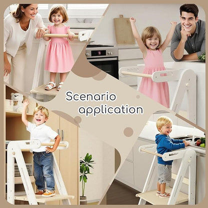 Kids Kitchen Step Stool, Foldable Toddler Tower, Height Adjustable Toddler Standing Tower with Safty Rail and Anti-Slip Device, Wooden Stool for 1.5-6 Years(White-Wood)