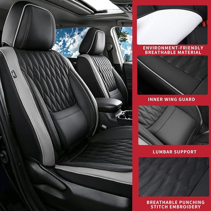 Car Seat Covers , Luxury Breathable Waterproof Faux Leatherette Car Seat Covers Cushion Protectors with Lumbar Support, Car Seat Cushion, Universal Fit Most Cars (Black-Gray, Front Seats - 2 PCS)