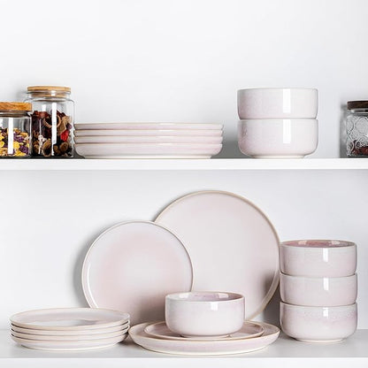 TheTerra Ceramic Dinnerware Sets for 4, 12 Pieces Handmade Reactive Glaze Plates and Bowls Set, Scratch Resistant Dish Set, Oven & Microwave & Dishwasher Safe, Primrose Pink
