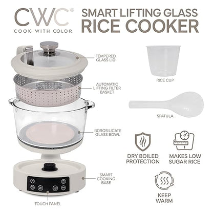 COOK WITH COLOR 3L Glass Mini Low Carb Rice Cooker – Holds 2 Cups Raw/Makes 6