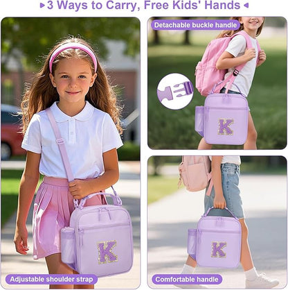 Initial Insulated Lunch Bag for Girls Kids, Back to School Gift, Reusable Leak-proof Lunch Box with Adjustable Strap for School Daycare Travel Picnic (Purple,K)