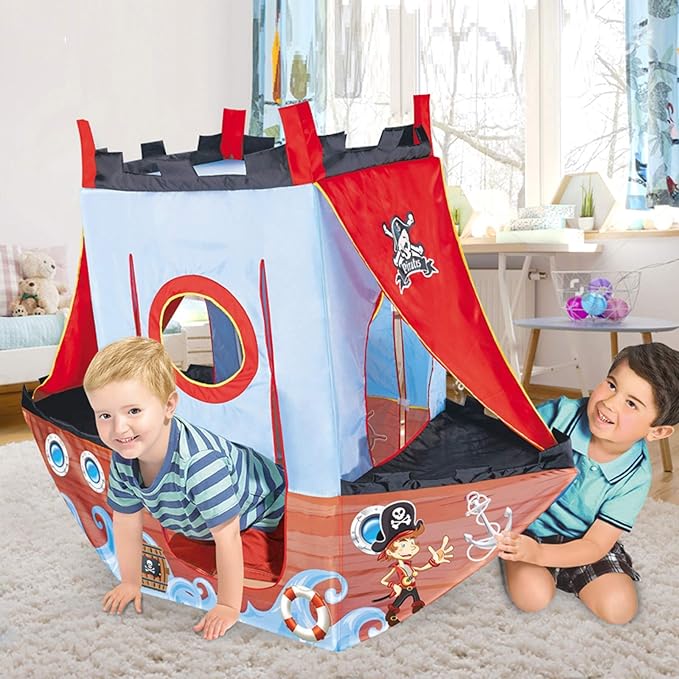 Upgrade Kids Play Tent Pirate Ship Playhouse for Toddler Indoor Outdoor Tents with Pirate Toys Gift for Boys Girls 66x53 Inch