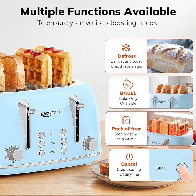 Keenstone Toaster 4 Slice, Retro Stainless Steel Wide Slot Toaster