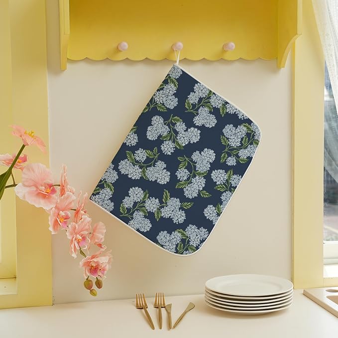 Navy Blue Dish Drying Mat 18x24 Inch Blue Green Vintage Floral Hydrangea Flower