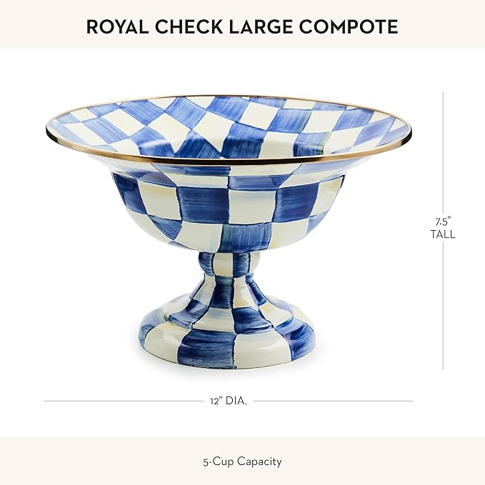MACKENZIE-CHILDS Enamel Compote, Cute Enamel Pedestal Serving Dish or Decorative Bowl, Large, Blue-and-White Royal Check