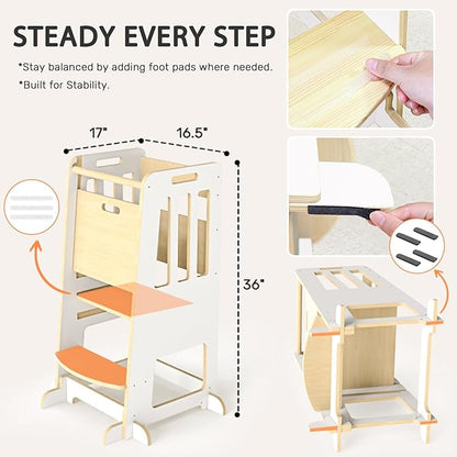 WINGYZ Toddler Kitchen Stool – Adjustable Helper Tower for Kids with Safety Rail, Wooden Standing Step-Up Stool, Sliding Door & Stable Base, White