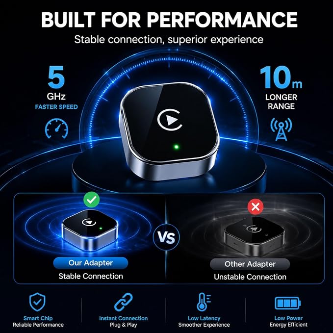 2 in 1 CarPlay Adapter for Vauxhall Corsa 2016-2018 2019 2020 2021 2022 2023 2024 2025, CarPlay Wireless Adapter with Auto Reconnect Fast Pairing Bluetooth Connection Compact USB Dongle