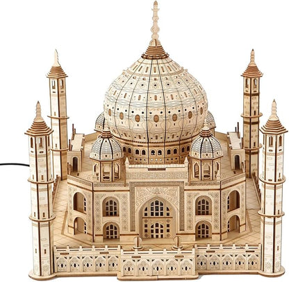 3D Wooden Puzzles for Adults 388pcs LED Light Taj Mahal Castle DIY Wooden Assembly Kit for Teens Home Decor