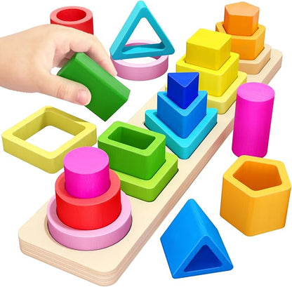 PEBIRA Montessori Toys for 1 2 3 Year Old Boys Girls Toddlers, Heightened Peg-Free Wooden Stacking Toys, Shape Sorter Learning Toy, Birthday Gift for Baby Kid Age 1-4 Preschool Toy, Various Game Play