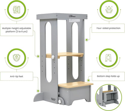 Little Partners Foldable Toddler Tower, Learning Tower Explore 'N Store Montessori Standing Kitchen Tower with Folding Step Stool Platform for Cooking and Learning, Ages 2+ (Silver Drop W/Natural)