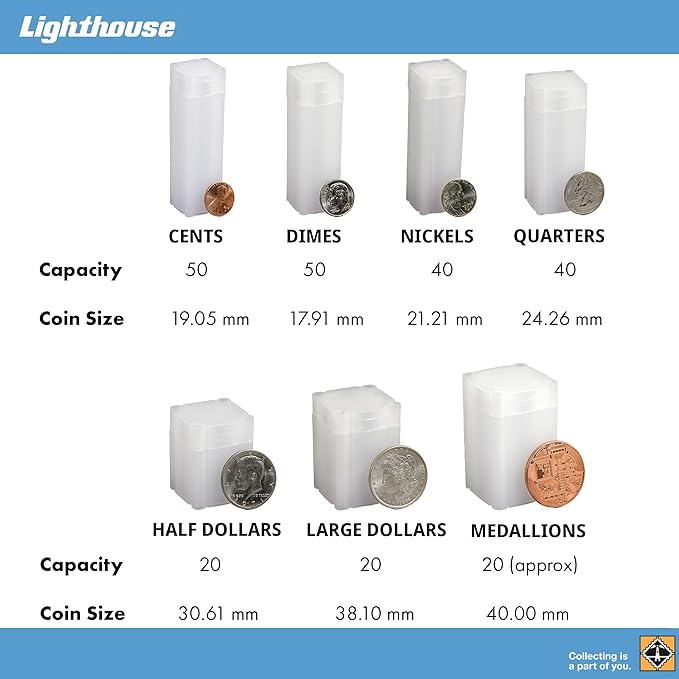 LIGHTHOUSE - Square Coin Tubes - Convenient Push Top, Virtually Unbreakable, Acid Free and Archival Quality - Coin Tubes for US Large Dollars, 10 Pack