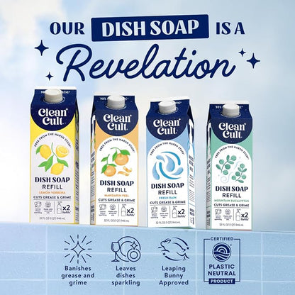 Cleancult Dish Soap Liquid Refill (32oz, 1 Pack) - Plant Based Cleaning Power - Dish Soap that Cuts Grease & Grime - Free of Harsh Chemicals - Uses 90% Less Plastic - Free & Clear
