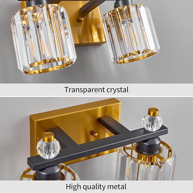 FDPBY Bathroom Vanity Lights 2-Light Black Gold Modern Crystal Vanity Light