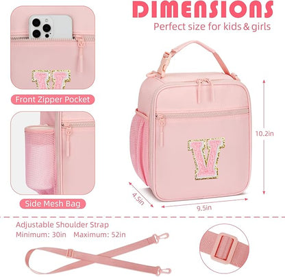 Initial Insulated Lunch Bag for Girls Kids, Back to School Gift, Reusable Leak-proof Lunch Box with Adjustable Strap for School Daycare Travel Picnic (Pink,V)
