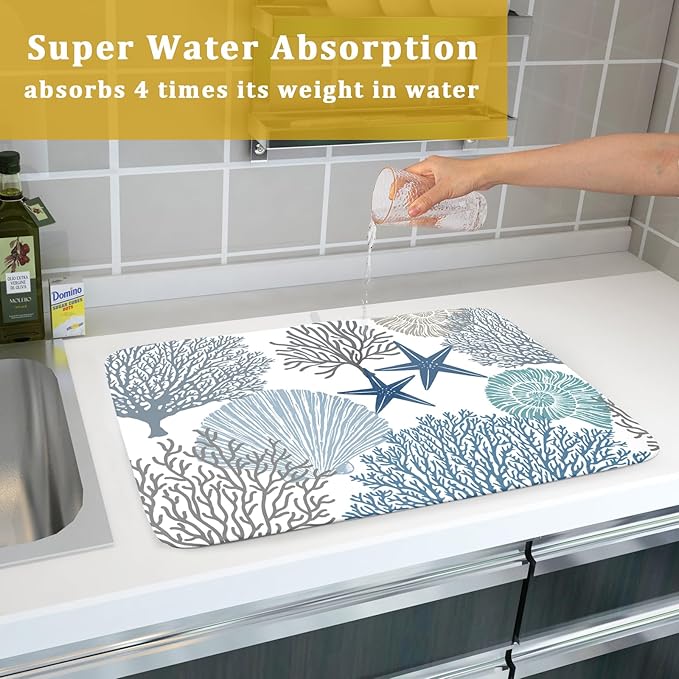 Blue Coral Dish Drying Mat 18x24 Inch Absorbent Reversible Summer Beach Drying