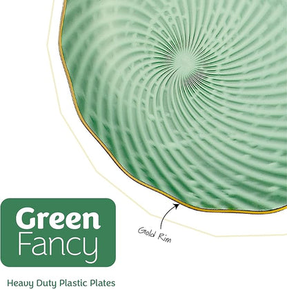 PLASTICPRO 30 Pack Plastic Plates Set of 15-10 inch Plates and 15-7 inch Plates, Elegant Clear Green Spiral and Gold Rim Disposable Fancy Plates Premium Heavyweight