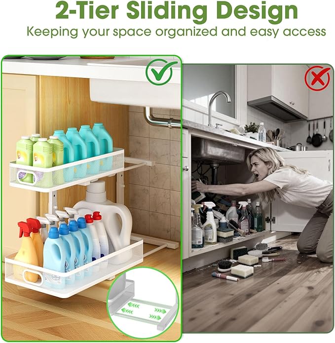 Under Sink Organizer 4-Pack, Metal 2-Tier Pull-Out Cabinet Shelf