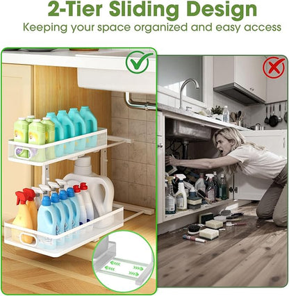 Under Sink Organizer 4-Pack, Metal 2-Tier Pull-Out Cabinet Shelf