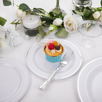 bUCLA 150-Piece Silver Disposable Dinnerware Set - White Plastic Plates with Silver Rim - Include 25 Dinner Plates, 25 Dessert Plates, 25 Forks, 25 Knives, 25 Spoons & 25 Cups for Party & Christmas