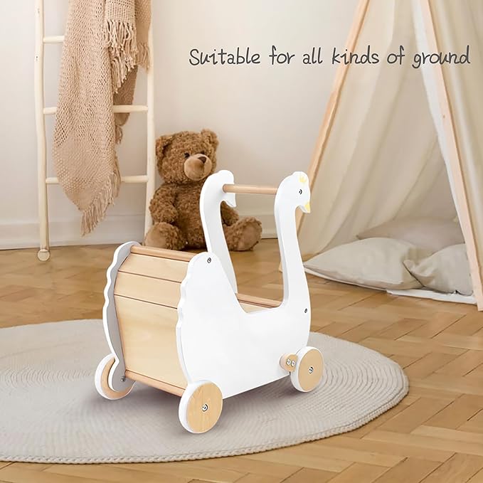 Wooden Doll Stroller, Baby Pram Toy, Wooden Swan Baby Walker for Toddler Boys & Girls 18 Months and Up