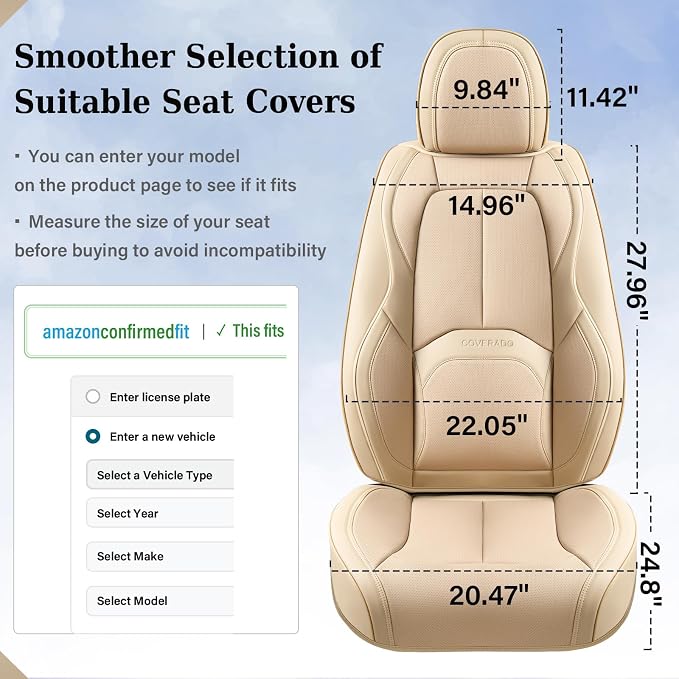 Coverado Car Seat Covers Full Set, Premium Nappa Leather Seat Covers for Car, Waterproof Car Seat Protector with Lumbar Support, Automotive Seat Covers Universal Fit for Most Cars SUV Truck(Beige)