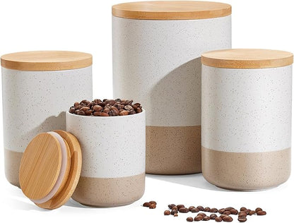 Yangbaga Canisters Sets for Kitchen Countertop-Set of 4 Ceramic Kitchen Canisters Food Storage Jar with Airtight Wood Lids & Spoons & Label,Large Flour and Sugar Containers for Serving Ground Coffee