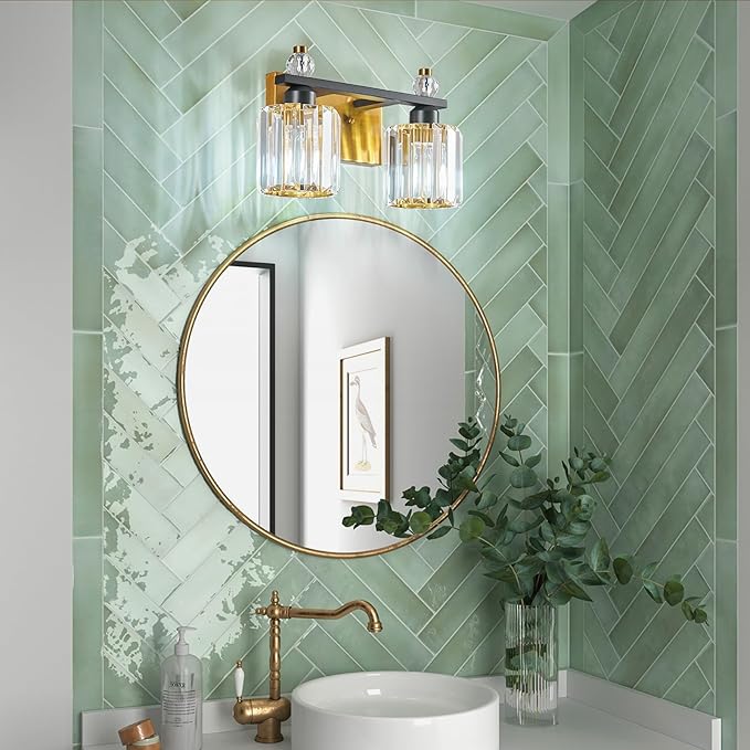 FDPBY Bathroom Vanity Lights 2-Light Black Gold Modern Crystal Vanity Light
