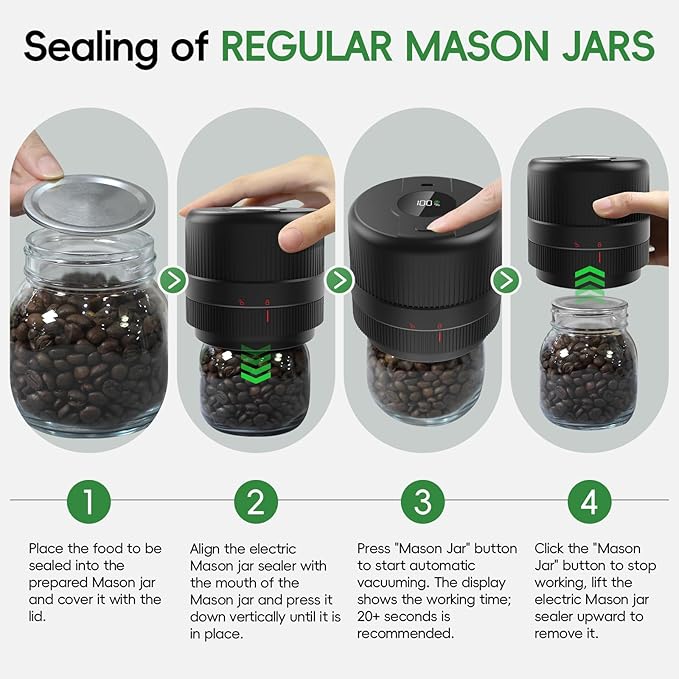Mason Jar Vacuum Sealer Kit, Electric Sealer for Wide, Regular Mouth Mason Jars, Portable Vacuum Sealer for Jars, Birthday Gifts for Her, Gifts for Mom, Grandma