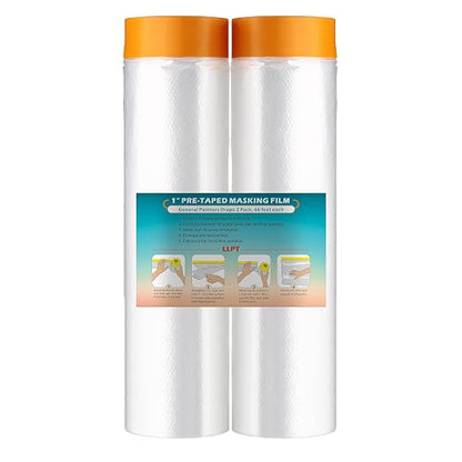 LLPT Pre-Taped Masking Film, 78.7" Unfolded x 66Ft, 0.27 Mil, 2 Pack | Static-Cling, Disposable, Solvent & Oil Resistant Bleed-Proof Low Tack No Residue for Auto Wall Furniture Painting Protection