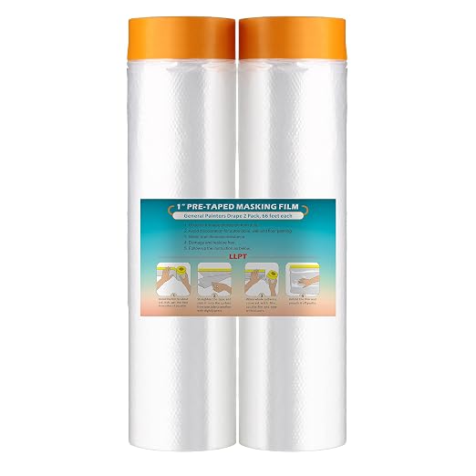 LLPT Pre-Taped Masking Film, 106.3" Unfolded x 66Ft, 0.27 Mil, 2 Pack | Static-Cling, Disposable, Solvent & Oil Resistant Bleed-Proof Low Tack No Residue for Auto Wall Furniture Painting Protection