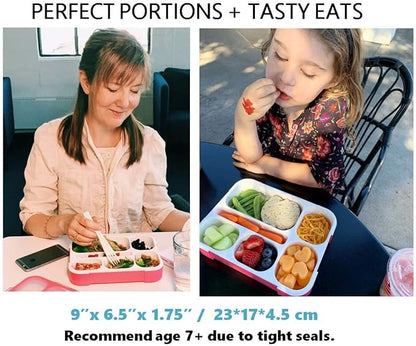 Bento Box with Lunch Bag and Ice Pack Set | Snack Containers Boxes for Kids Girls Adults | 6 Compartments Divided Portion Container Boxes Insulated Bags for School Daycare Lunches, BPA Free, Pink