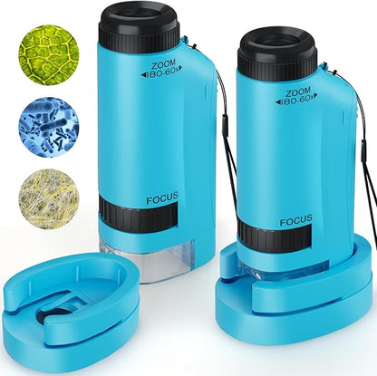Portable Microscope for Kids Zoom 60x-180x,Handheld Mini Microscope Toy,STEM&Science Toys,LED Pocket,Little Scientist Microscopes with 12pcs Slides,Gift for 6,7,8,9,10+ Girls Boys（2PCS Blue）