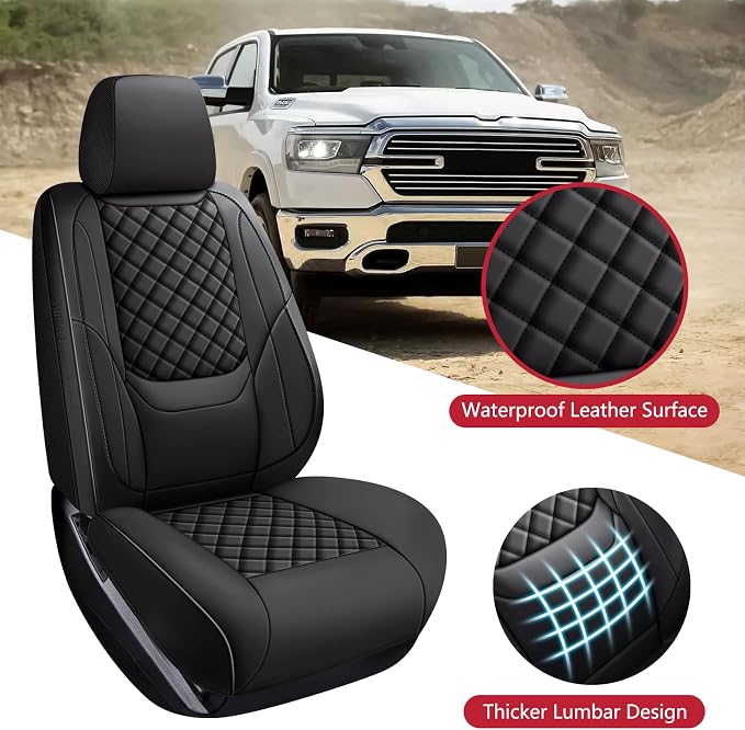 Ram Seat Covers 2009-2018 Full Set, Truck Interior Sets with Lumbar Support Custom Fit for Dodge Ram 1500/2500/3500 Crew/Quad/Mega Cab with Rear Curved Bench, Black