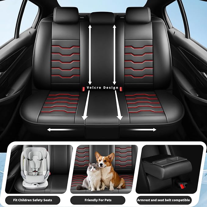Fit Compass Car Seat Covers for Jeep Compass 2007-2025 2026 -Full Set Premium Leather, Waterproof & Breathable，All-Weather Seat Cushion Protecto & Airbag Compatible,2 Front Seat Red Line&Black