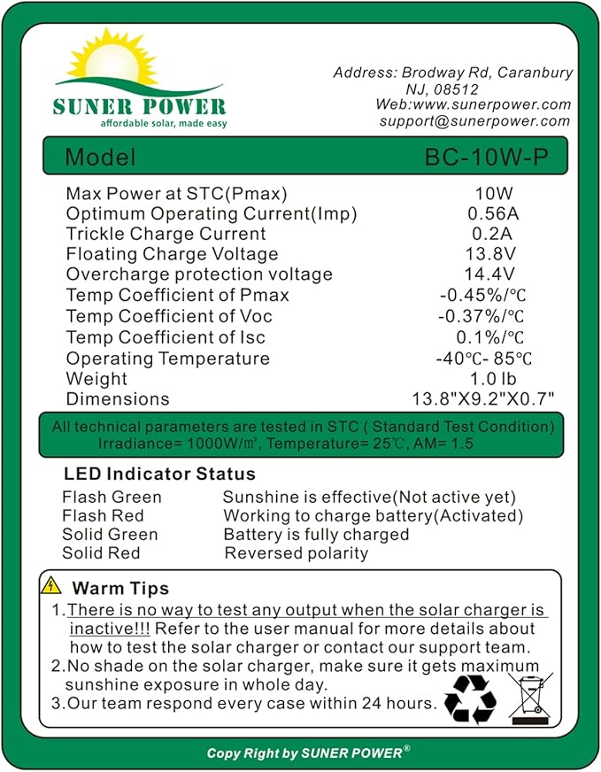 SUNER POWER 10W 12V Solar Battery Charger Maintainer, Built-in Smart MPPT