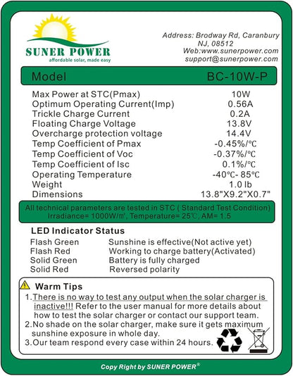 SUNER POWER 10W 12V Solar Battery Charger Maintainer, Built-in Smart MPPT