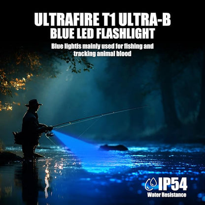 ULTRAFIRE Blue Light Flashlight,450-460nm High-Purity Single Mode Blue LED, Portable Compact for Night Fishing & Hunting, Professional Outdoor Visibility Enhancer (T1 Ultra-B)