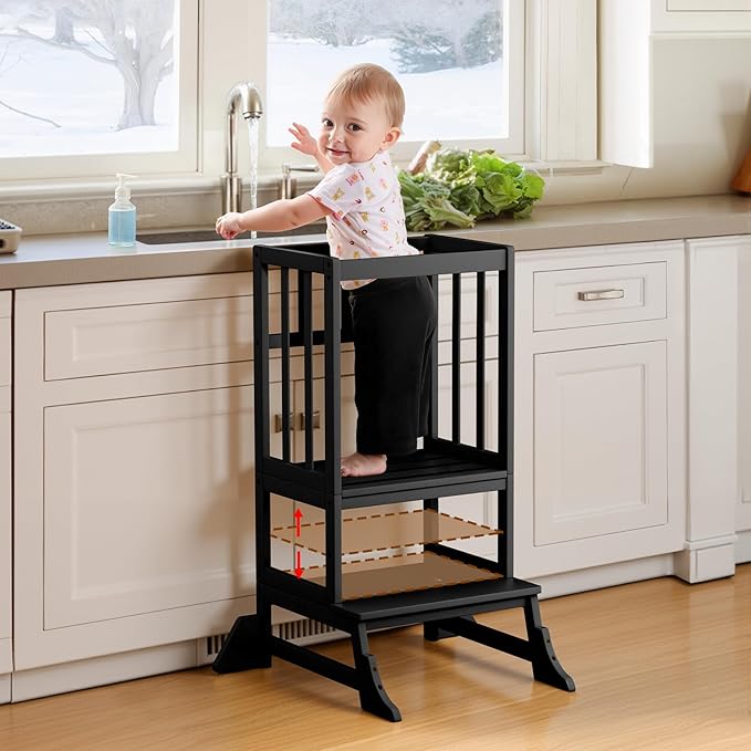 COSYLAND Kitchen Tower for Toddlers with Anti-Tip Support – Lightweight Toddler Kitchen Stool Helper for Bathroom Living Room Dining Room – Solid Bamboo Standing Tower (Black)