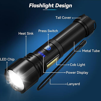 Rechargeable Flashlight, 99,000 Lumens Super Bright Flash Light, 7 Modes with COB Work Light, IPX6 Waterproof, Powerful Handheld LED Flashlights for Camping, Hiking