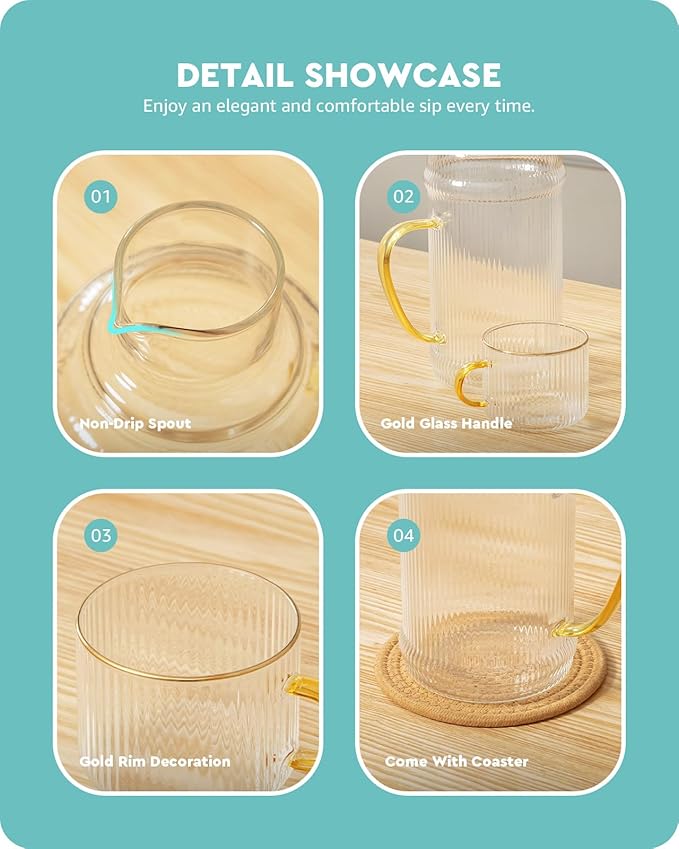 Baffect Bedside Water Carafe And Glass Set, High Borosilicate Glass Pitcher