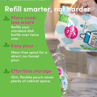 Dapple Baby Fragrance-Free Bottle & Dish Soap Refill Pouch - (2 Pack) 33.8 fl oz - Plant-Powered Cleaner for Baby Bottles, Pump Parts, and Sippy Cups